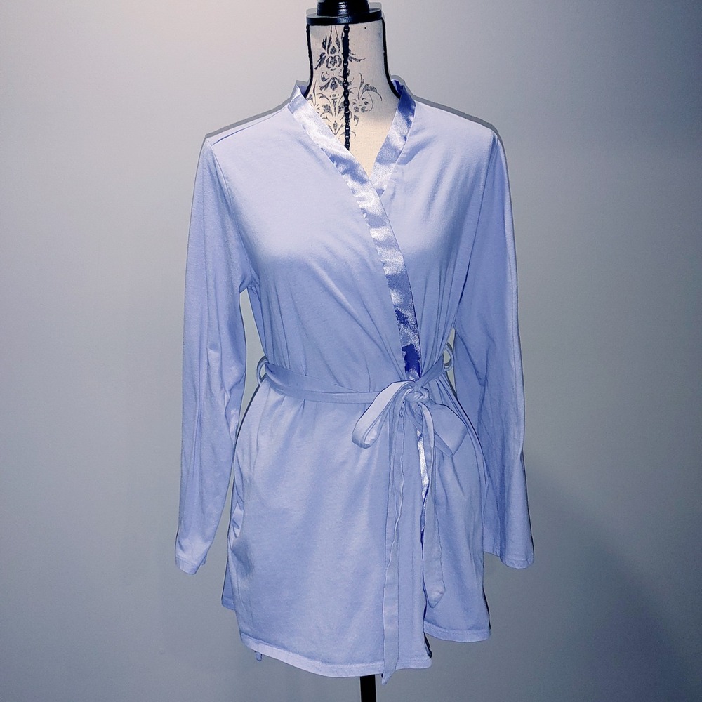 Motherhood Maternity Sleep Robe Blue Purple Satin Trim Belted Pockets Large